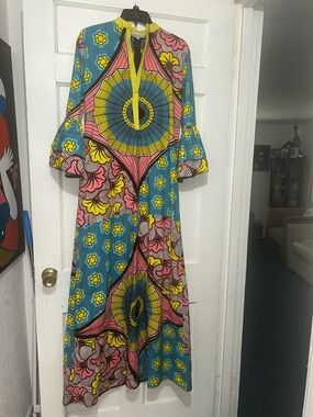 “Reasonable OFFERS””LA MARIPOSA”Colorful GeometricMaxiDressinTeal, Yellow & Pink